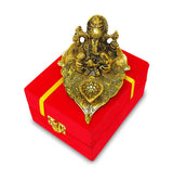 NOBILITY Gold Diya Ganesha on Leaf Oil Lamp Statue Idol with Red Velvet Gift Box Pooja Items Diwali Decoration Puja Gifts Handmade Oil Lamp Traditional Indian Deepawali Gift Items