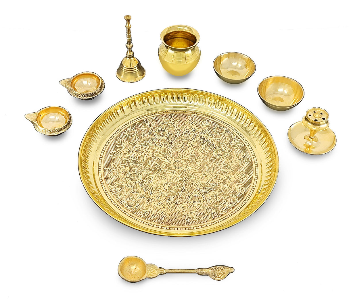 Brass Pooja Thali Set 8 Inch Puja Thali with Pital Plate Kalash Palli Chandan Vati Kuber Deep Dhup Dan Ghanti Arti Thali for Diwali Home Office Mandir Wedding Return Gift Items