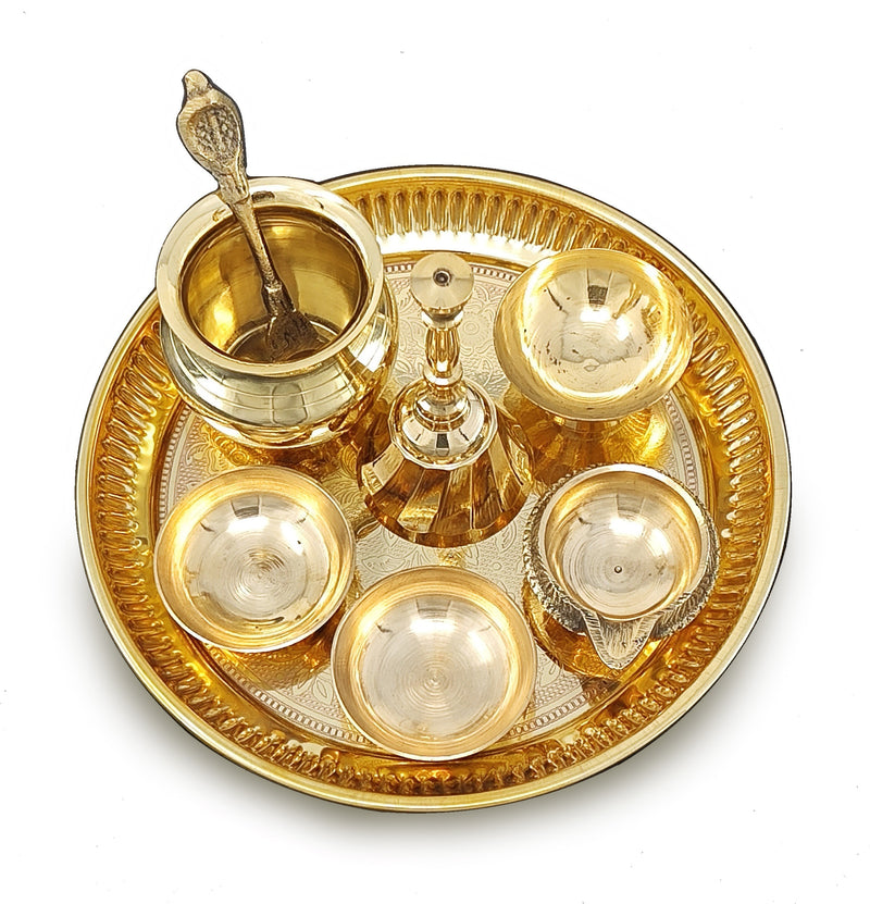 NOBILITY Brass Pooja Thali Set 6 Inch Puja Thali with Pital Plate Chandan Wati Kalash Kuber Diya Ghanti Palli Arti Thali for Diwali Home Office Mandir Wedding Return Gift Items