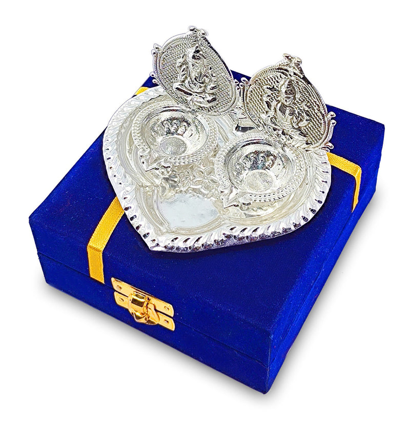 NOBILITY Silver Plated Diya with Blue Velvet Gift Box Ganesh Lakshmi Design Idol Dia Pooja Items Diwali Decoration Puja Gifts Handmade Oil Lamp Traditional Indian Deepawali Gift Items