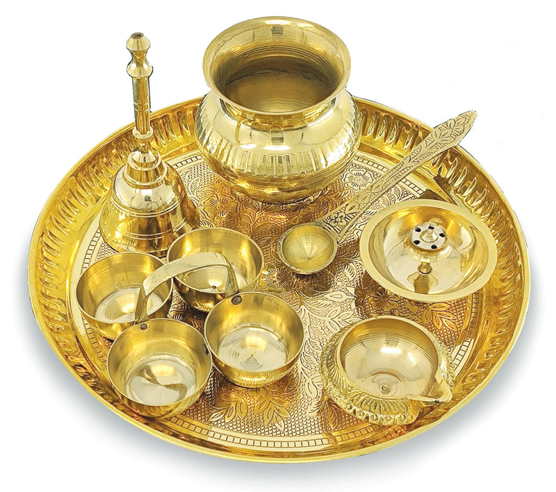 NOBILITY Brass Pooja Thali Set 8 Inch Puja Thali with Pital Plate Kalash Haldi Kumkum Holder Agarbatti Stand Kuber Diya Ghanti Palli Arti Thali for Diwali Home Office Mandir Wedding Return Gift Items