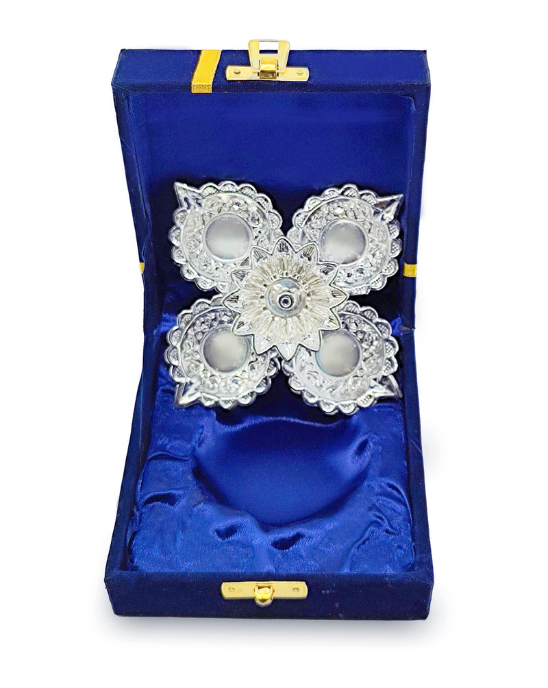 Nobility Silver Plated Diya with Blue Velvet Gift Box Panchmukhi Dia Pooja Items Diwali Decoration Puja Gifts Handmade Oil Lamp Traditional Indian Deepawali Gift Items