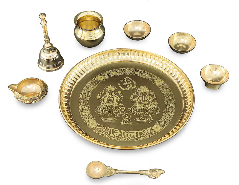 NOBILITY Brass Pooja thali Set 8 Inch with Pital Plate Bowl Kalash Spoon Ghanti Chandan Wati Daily Puja Thali for Diwali Home Mandir Office Wedding Return Gift Items