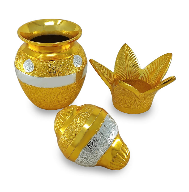 NOBILITY German Silver Gold Plated Pooja Kalash lota Coconut Leaves with Royal Velvet Box Poojan Home Temple Diwali Wedding Gift Items