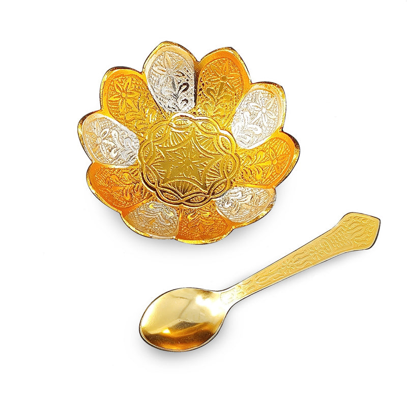 NOBILITY Bowl Spoon Set Gold and Silver Plated Leaf Shaped Designed with Velvet Box Dry Fruit Dessert Serving Sets Friends Family Home Decorative Corporate Gifts Wedding Return Gift