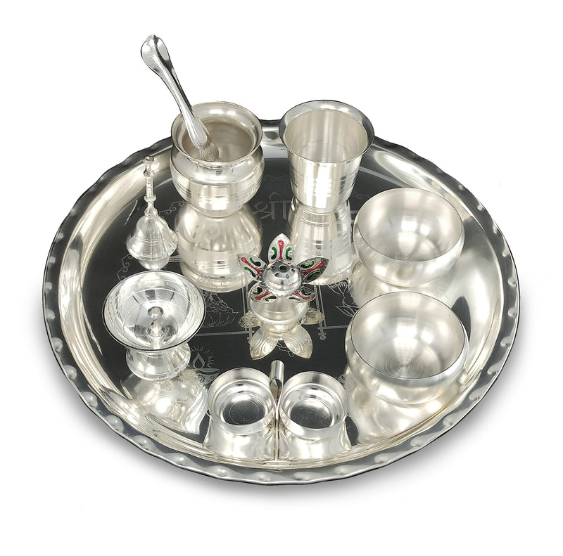 NOBILITY 12 Inch Silver Plated Pooja Thali Set with Accessories Daily Puja Decorative Gifts for Home Office Mandir Diwali Wedding Return Gift Items