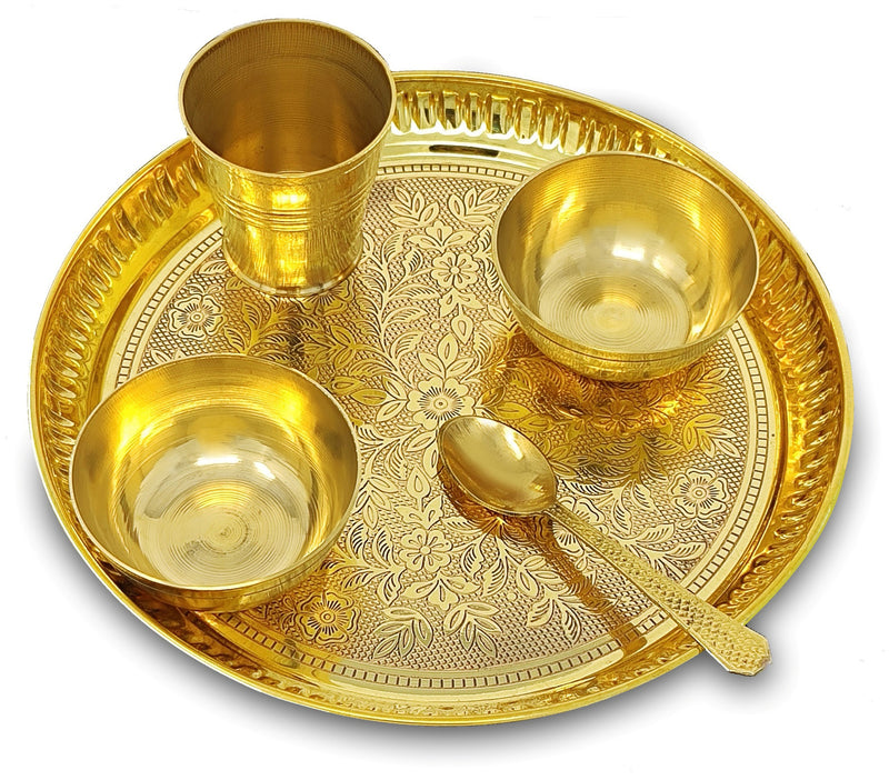 NOBILITY Brass Pooja Thali Set 8 Inch Puja Bhog Thali with Pital Plate Bowl Glass Spoon Arti Thali for Diwali Home Office Mandir Wedding Return Gift Items