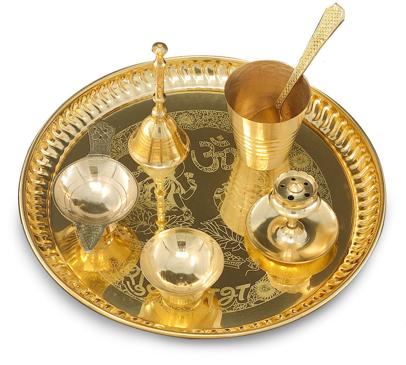 NOBILITY Brass Pooja thali Set 8 Inch with Pital Plate Agarbatti Stand Glass Spoon Ghanti Bowl Diya Puja Thali for Diwali Home Mandir Office Wedding Return Gift Items