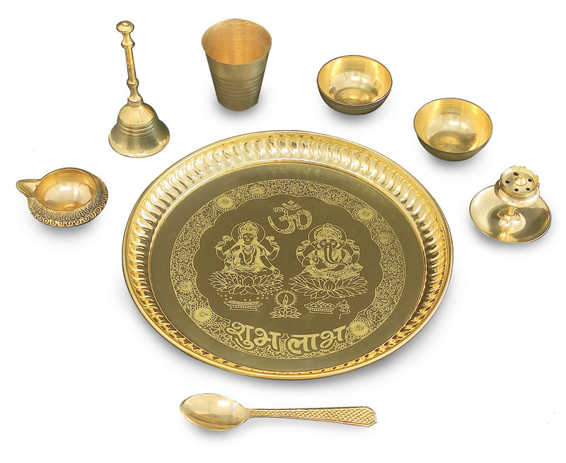 NOBILITY Brass Pooja thali Set 8 Inch with Pital Plate Glass Spoon Ghanti Bowl Agarbatti Stand Kuber Diya Puja Thali for Diwali Home Mandir Office Wedding Return Gift Items