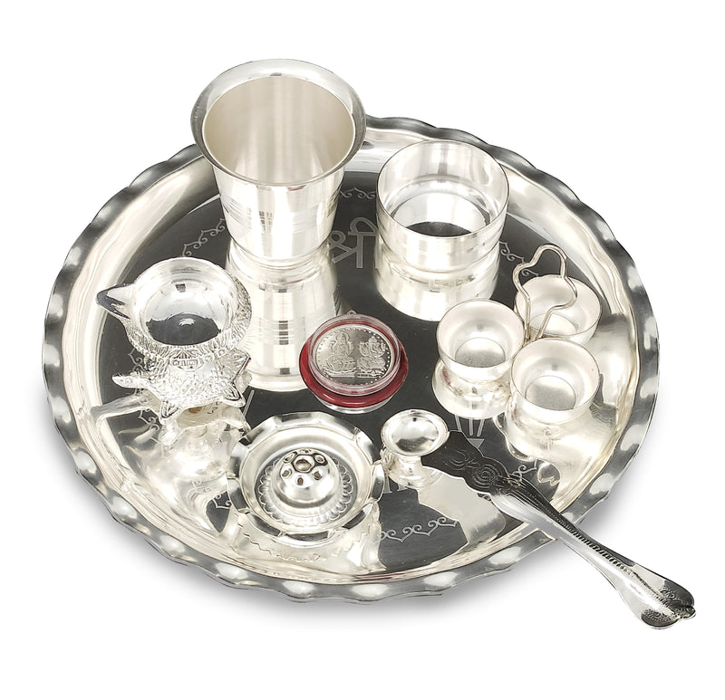 NOBILITY Pooja Thali Set Silver Plated 9.5 Inch Plate with Coin Glass Bowl Tortoise Diya Dhup Dan Palli Kumkum Stand for Puja Diwali Home Decor Temple Office Wedding Return Gift Items