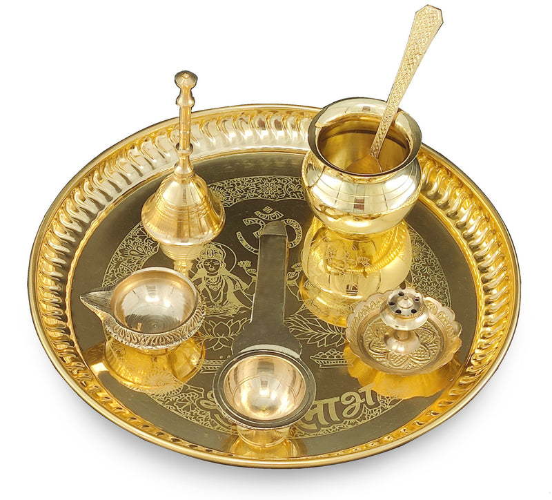 NOBILITY Brass Pooja Thali Set 8 Inch with Pital Plate Kalash Spoon Ghanti Kuber Diya Dhup Dan Golchi Arti Puja Thali for Diwali Home Mandir Office Wedding Return Gift Items