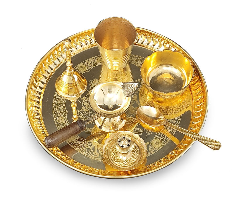 NOBILITY Brass Pooja Thali Set 8 Inch with Pital Puja Plate Glass Bowl Spoon Diya Ghanti Dhup Dan Arti Thali for Diwali Home Office Mandir Wedding Return Gift Items