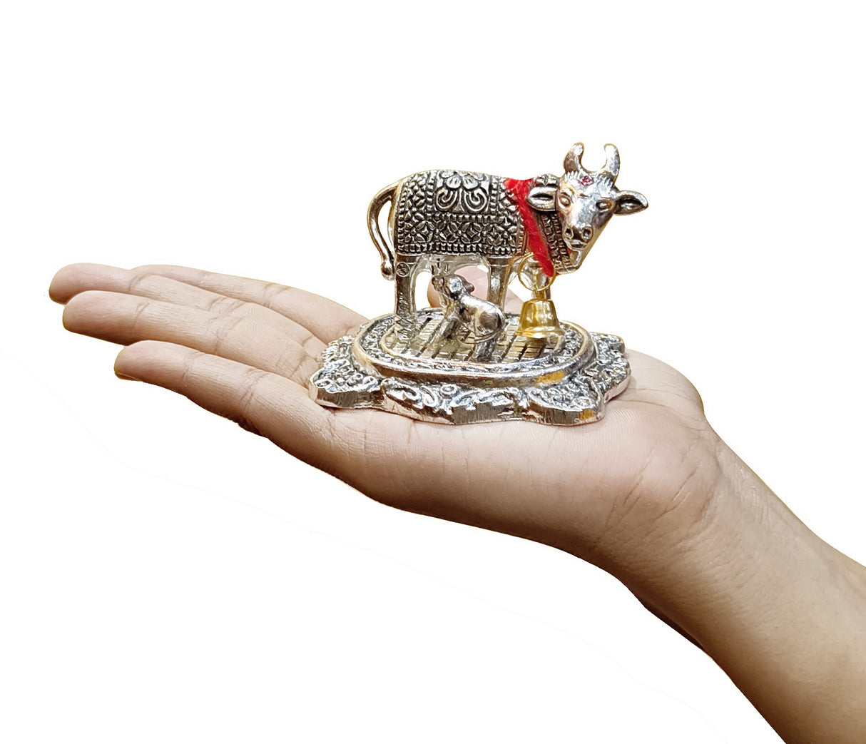 NOBILITY Small Kamdhenu Cow with Calf Metal Statue with Blue Gift Box Decorative Item Showpiece for Home Office Diwali Decoration Items Wedding Return Gifts