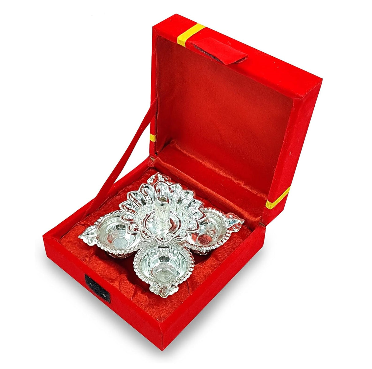 NOBILITY Silver Plated Diya with Red Velvet Gift Box Panchmukhi Dia Pooja Items Diwali Decoration Puja Gifts Handmade Oil Lamp Traditional Indian Deepawali Gift Items