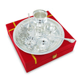 NOBILITY Pooja Thali Set Silver Plated with Red Gift Box Designed Puja Plate 20 CM Bowl Ghanti Kalash Spoon Dhup Dan Diya for Home Office Diwali Wedding Return Gift Items