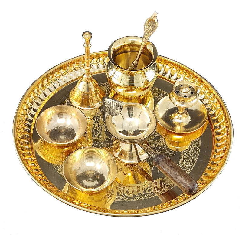 NOBILITY Brass Pooja Thali Set 8 Inch with Pital Puja Plate Kalash Bowl Palli Chandan Wati Diya Ghanti Dhup Dan Arti Thali for Diwali Home Office Mandir Wedding Return Gift Items