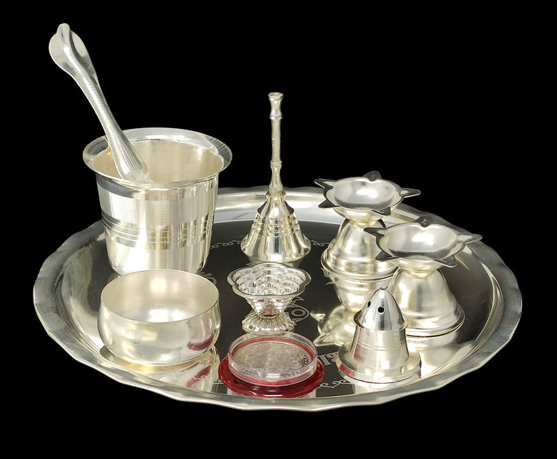 NOBILITY Silver Plated Pooja thali Set 8 Inch Plate Coin Glass Bowl Spoon Ghanti Diya Agarbatti Stand Puja Thali Decorative for Diwali Daily Home Mandir Office Wedding Return Gift Items