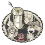 NOBILITY Silver Plated Pooja Thali Set 9.5 Inch with Plate Kalash Palli Diya Kumkum Holder Bowl Dhup Dan Coin Ghanti Puja Thali for Diwali Home Mandir Office Wedding Return Gift Items