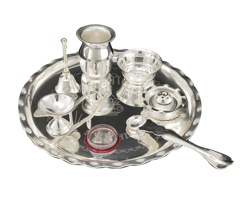 NOBILITY Silver Plated Pooja Thali Set 9.5 Inch Plate with Bowl Lotti Ghanti Palli Coin Diya Dhup Dan for Puja Diwali Home Decor Temple Office Wedding Return Gift Items