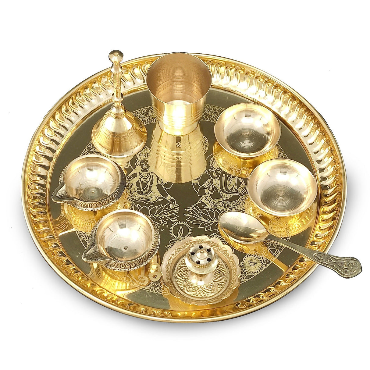 Brass Pooja thali Set 8 Inch with Pital Plate, Kuber Diya, Ghanti, Glass, Spoon, Bowl, Design Dhup Dan Daily Puja Thali for Diwali Home Mandir Office Wedding Return Gift Items