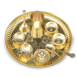 Brass Pooja thali Set 8 Inch with Pital Plate, Kuber Diya, Ghanti, Glass, Spoon, Bowl, Design Dhup Dan Daily Puja Thali for Diwali Home Mandir Office Wedding Return Gift Items