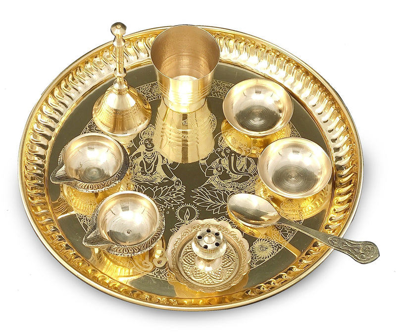 NOBILITY Brass Pooja thali Set 8 Inch with Pital Plate, Kuber Diya, Ghanti, Glass, Spoon, Bowl, Design Dhup Dan Daily Puja Thali for Diwali Home Mandir Office Wedding Return Gift Items