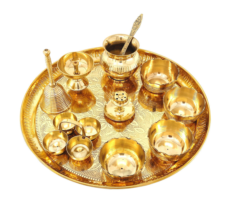 NOBILITY Brass Pooja Thali Set 12 Inch with Pital Plate Kalash Bowl Spoon Haldi Kumkum Stand Ghanti Piyali Diya Puja Thali for Diwali Home Office Mandir Wedding Return Gift Items