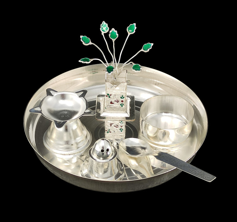 NOBILITY Silver Plated Pooja Thali Set 6 Inch with Plate Agarbatti Stand Tulsi Idol Bowl Spoon Diya Puja Decorative Items for Home Mandir Office Wedding Return Gift Items