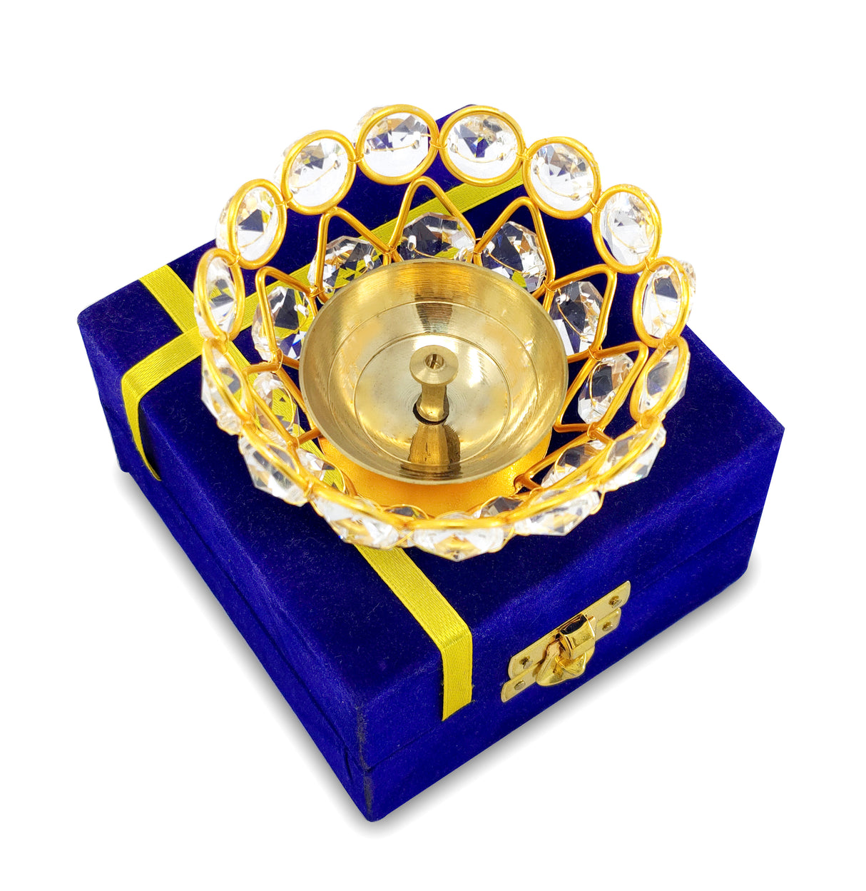 Gold Crystal Diya with Blue Velvet Gift Box Home Decoration Chrystal Piyali Dia Pooja Items Puja Gifts Handmade Oil Lamp Traditional Indian Dhanteras Deepawali Diwali Gift Items