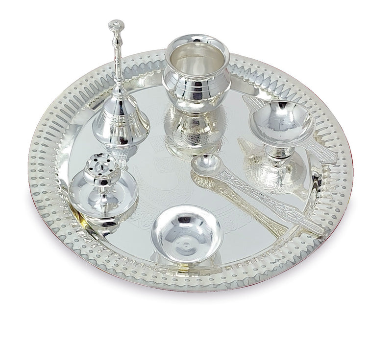 NOBILITY Pooja Thali Set Silver Plated with Red Gift Box Om Designed 22 cm Puja Plate Kalash Bowl Ghanti Spoon Dhup Dan Diya for Home Office Diwali Wedding Return Gift Items