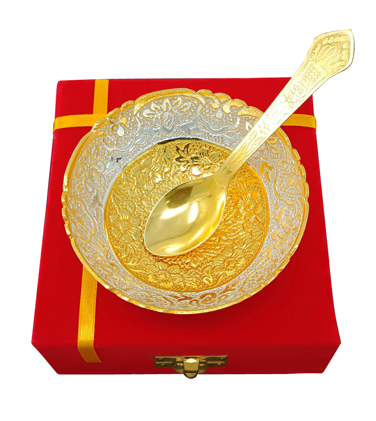 NOBILITY Bowl Spoon Set Gold and Silver Plated with Velvet Box Dry Fruit Dessert Serving Sets Friends Family Home Decorative Corporate Diwali Gifts Wedding Return Gift Items