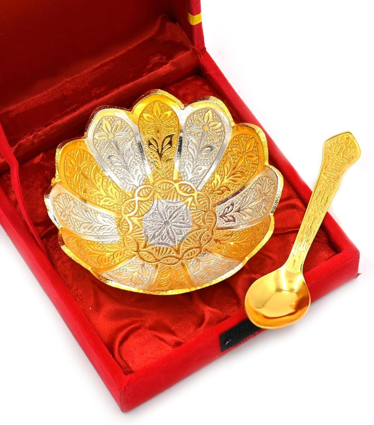 NOBILITY Bowl Spoon Set Gold and Silver Plated Light Weight with Red Velvet Box Friends Family Corporate Gift Items Diwali Christmas Eid Wedding Return Home Decoration Dessert Dry Fruits Serving Gifts