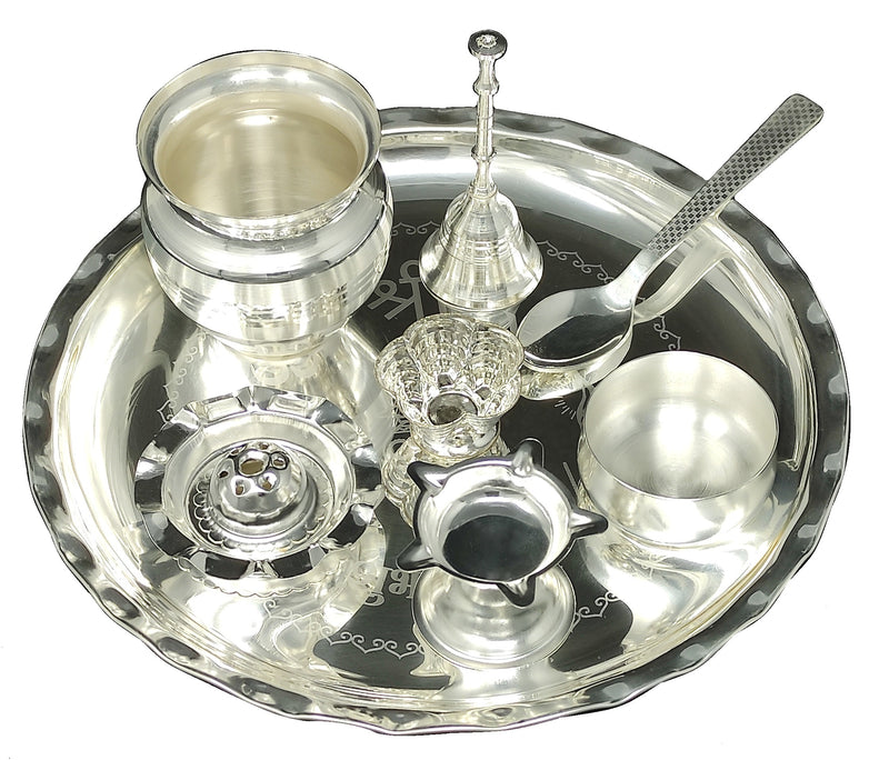 NOBILITY Silver Plated Glossy Pooja thali Set 8 Inch for Mandir Temple Festival Ethnic Puja Thali Gift for Diwali, Home, Office, Wedding Gift