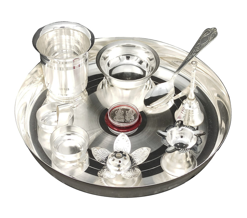 NOBILITY Silver Plated Pooja thali Set 9 Inch with Plate Bowl Agarbatti Stand Diya Kumkum Holder Coin Puja Thali for Home Mandir Office Wedding Return Diwali Gift Items