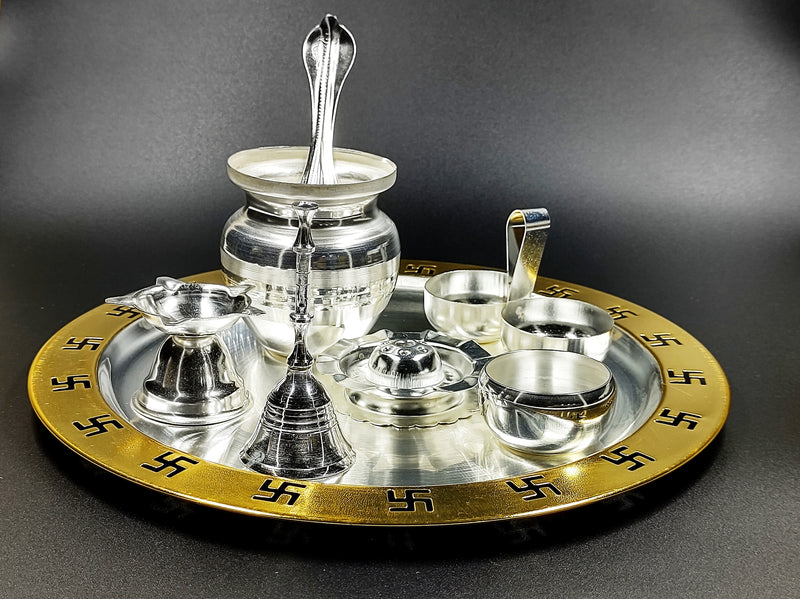 NOBILITY Gold and Silver Plated Pooja Thali Set 9 Inch Plate Kalash Palli Diya Agarbatti Stand Vati Kumkum Holder Ghanti Puja Thali Wedding Return Gift Items