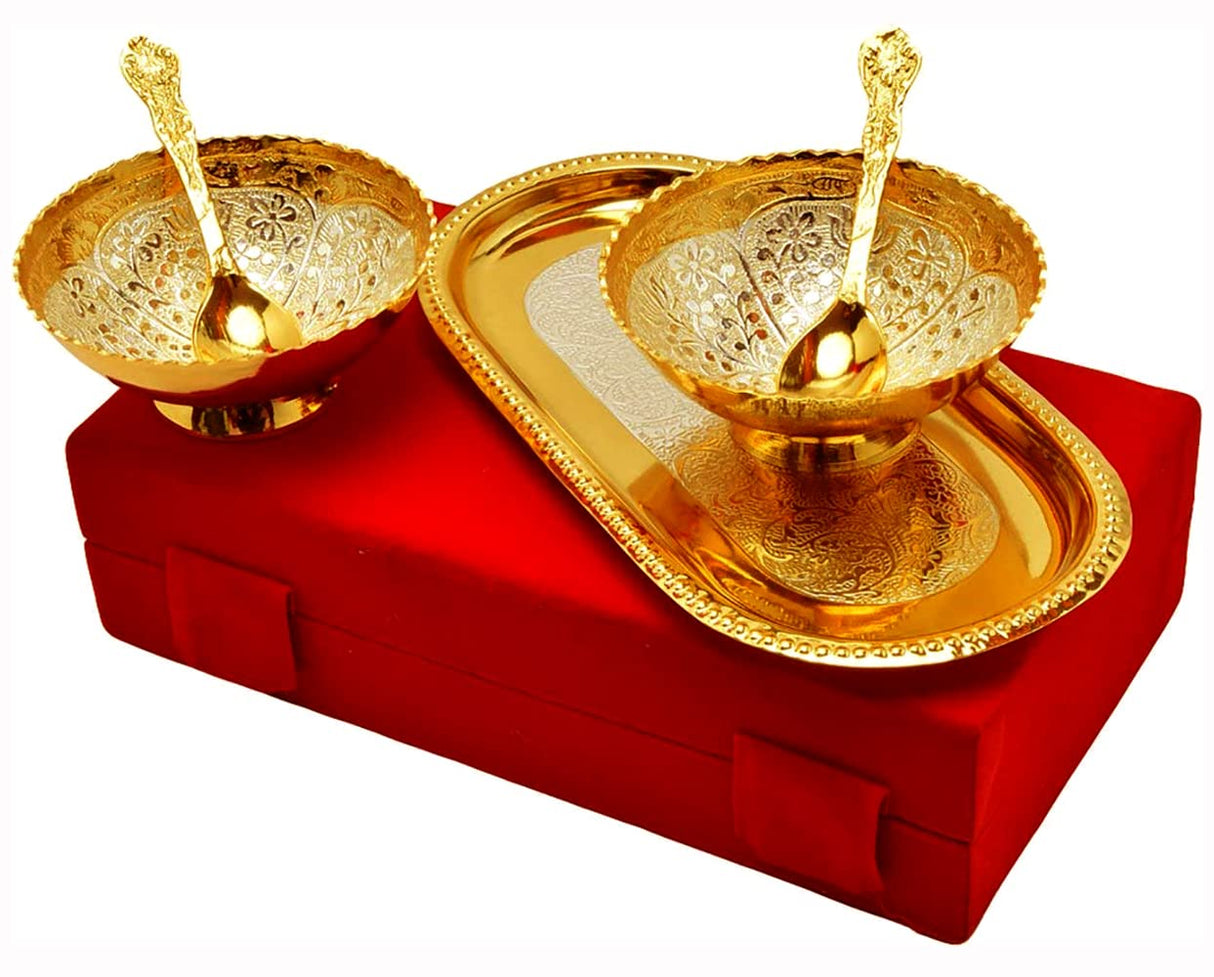 NOBILITY Bowl Spoon Tray Set Gold Silver Plated for Diwali Gift Housewarming Friends Relative Wedding Return Housewarming Gift Items