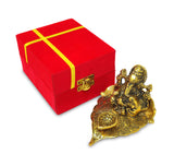 NOBILITY Gold Diya Ganesha on Leaf Oil Lamp Statue Idol with Red Velvet Gift Box Pooja Items Diwali Decoration Puja Gifts Handmade Oil Lamp Traditional Indian Deepawali Gift Items