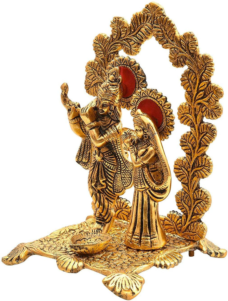 NOBILITY Radha Krishna Idol Statue Metal Gold Plated with Diya Peacock Design Hindu Religious Radha Krishan Showpiece Figurine for Janmashtami Home Temple Pooja Decor Wedding Return Gifts