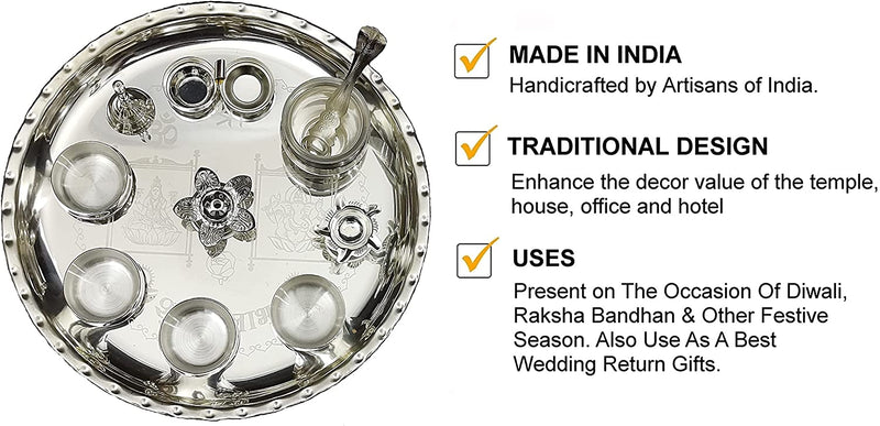 NOBILITY Premium Silver Plated Pooja thali Set 12 Inch Festival Ethnic Puja Thali for Diwali, Home, Temple, Office, Wedding Gift