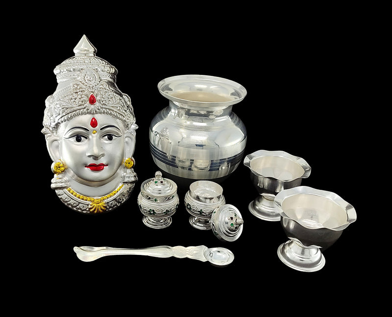 NOBILITY Silver Plated Pooja thali Set with Lakshmi Devi Mukhota Varalakshmi Idol Statue