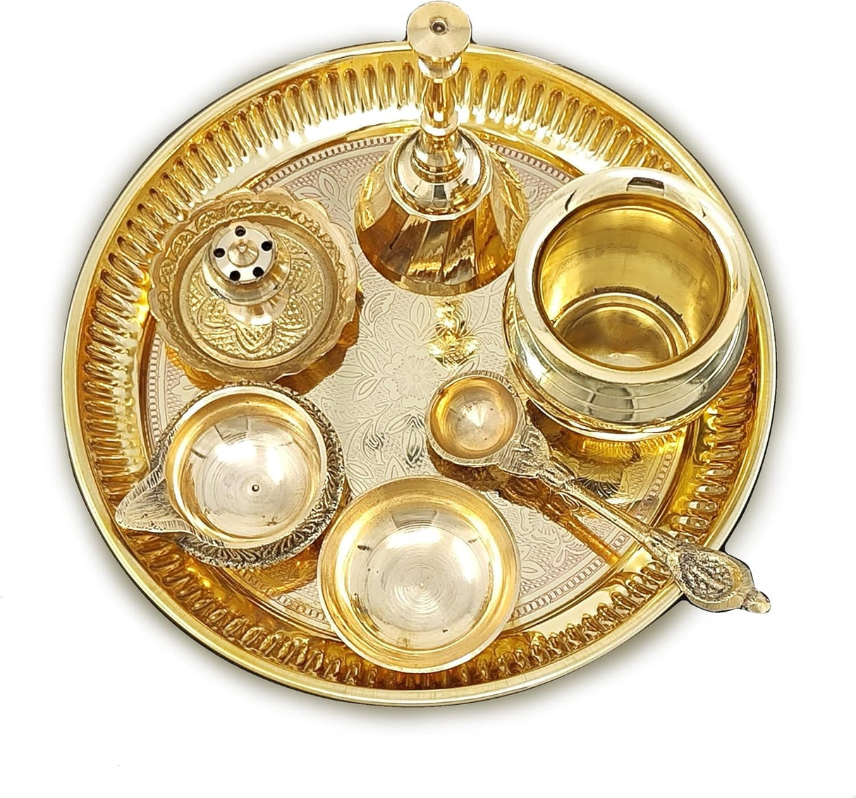 NOBILITY Brass Pooja Thali Set Small 6 Inch Puja Thali with Pital Plate Kalash Kuber Diya Chandan Wati Agarbatti Stand Ghanti Palli Arti Thali for Diwali Home Office Mandir Wedding Return Gift Items