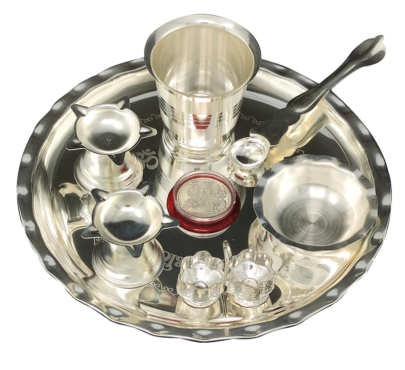 NOBILITY Silver Plated Pooja thali Set 8 Inch with Plate Bowl Glass Palli Diya Coin Puja Thali for Diwali Home Office Mandir Wedding Return Gift Items