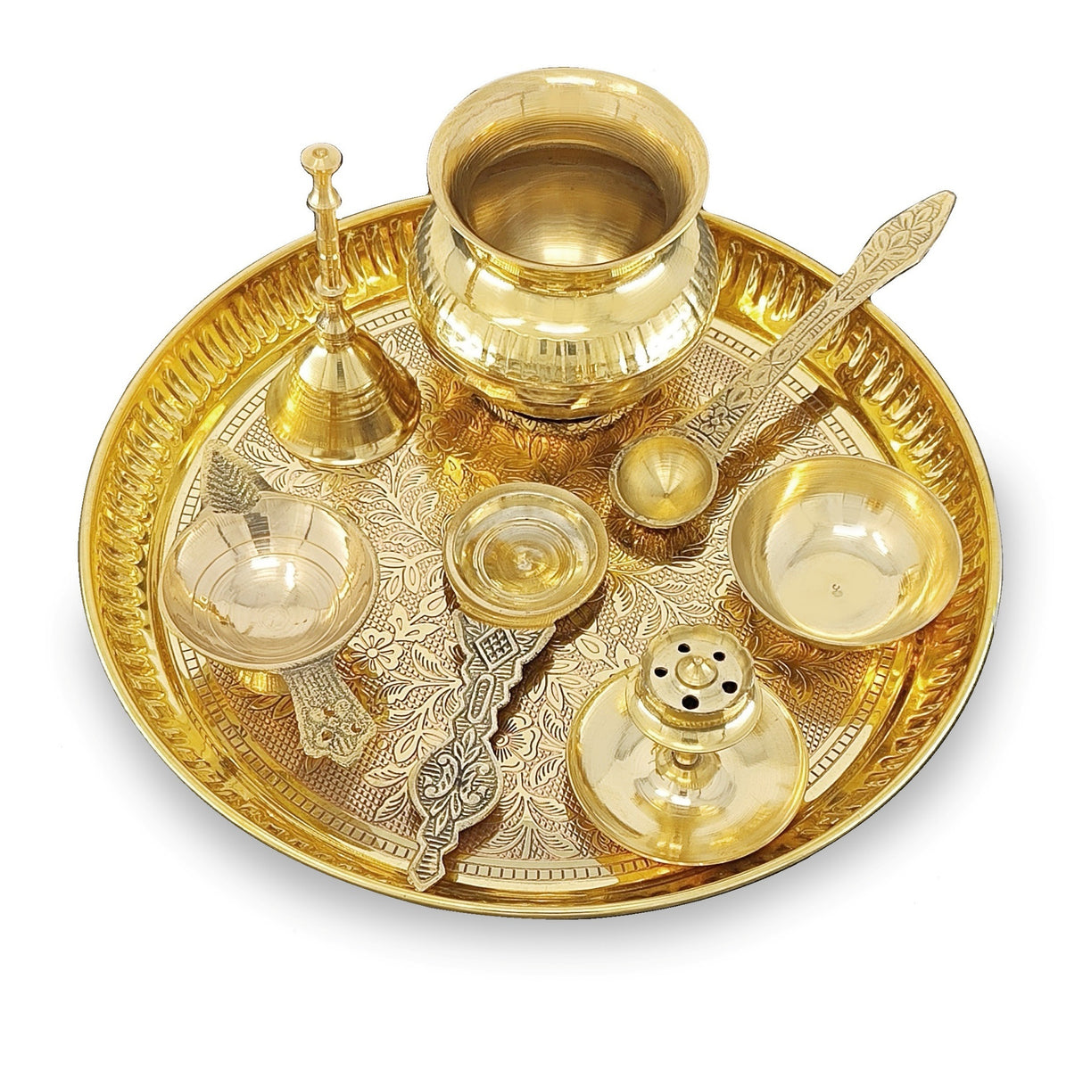 Brass Pooja Thali Set 8 Inch Puja Thali with Pital Plate Kalash Palli Chandan Wati Agarbatti Stand Kappur Arti Diya for Diwali Home Office Mandir Wedding Return Gift Items