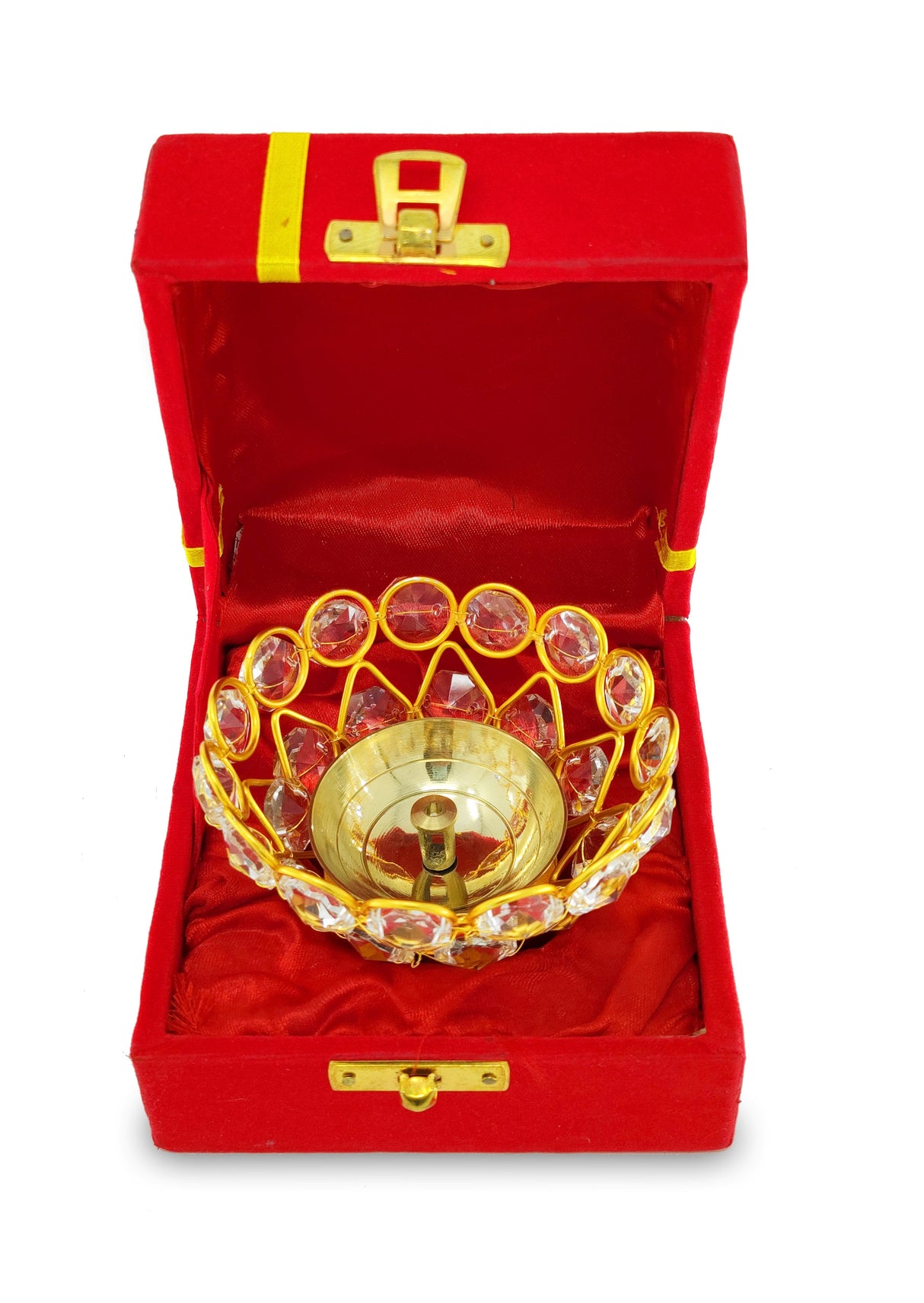 Gold Crystal Diya with Red Velvet Gift Box Home Decoration Chrystal Piyali Dia Pooja Items Puja Gifts Handmade Oil Lamp Traditional Indian Dhanteras Deepawali Diwali Gift Items