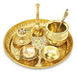 BENGALEN Brass Pooja Thali Set Small 6 Inch Puja Thali with Pital Plate Kalash Kuber Diya Chandan Wati Agarbatti Stand Ghanti Palli Arti Thali for Diwali Home Office Mandir Wedding Return Gift Items