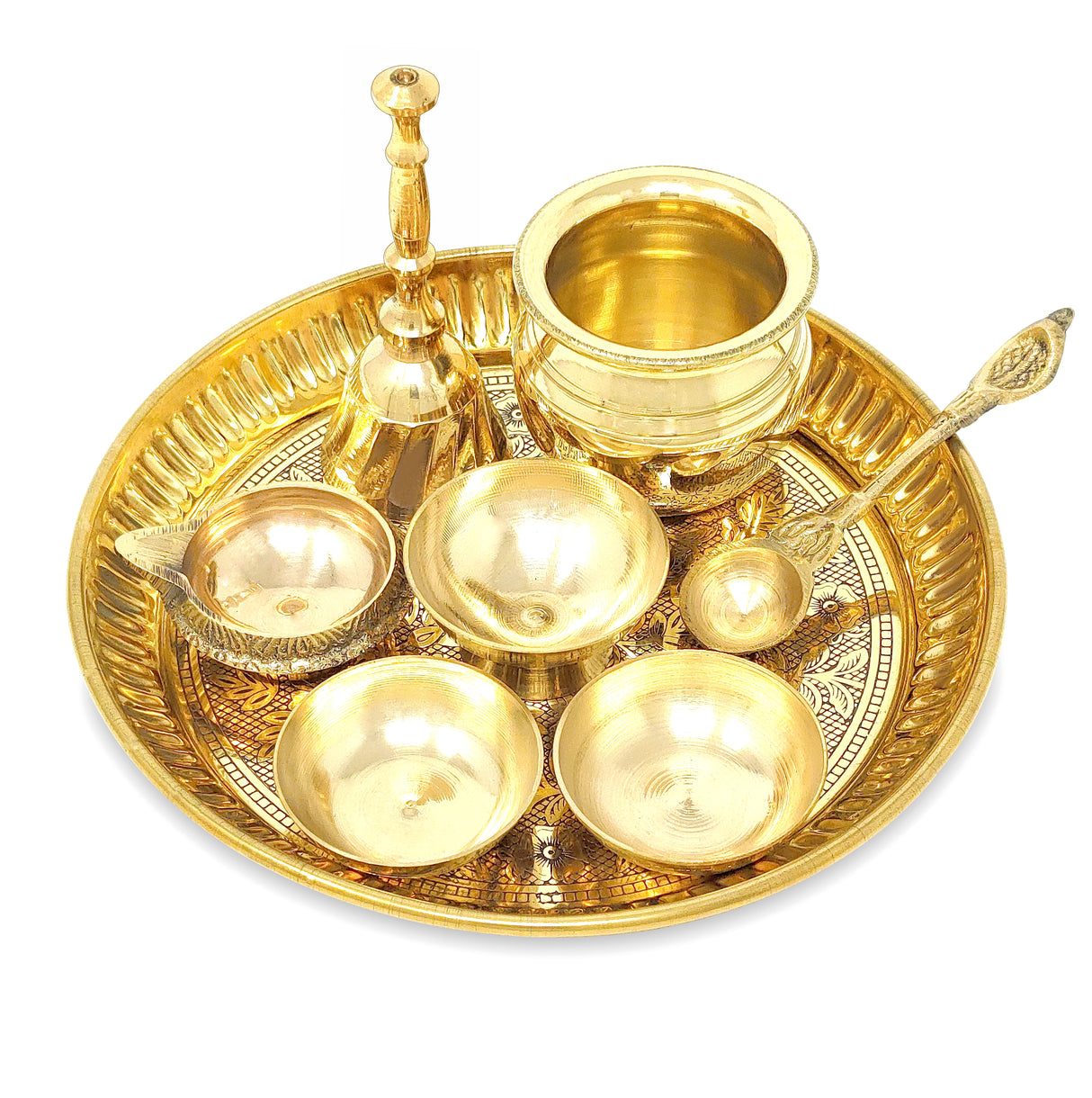 NOBILITY Brass Pooja Thali Set Small 6 Inch Puja Thali with Pital Plate Chandan Wati Kalash Kuber Diya Ghanti Palli Arti Thali for Diwali Home Office Mandir Wedding Return Gift Items