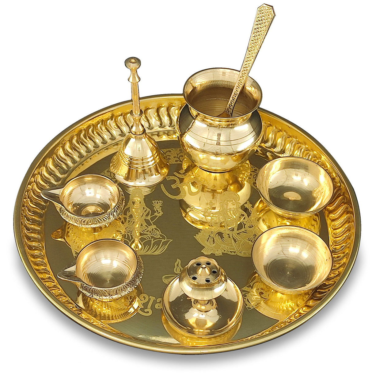 NOBILITY Brass Pooja thali 8 Inch with Kalash Kuber Diya Ghanti Spoon Bowl Dhup Dan Ganesh Lakshmi Design Puja Thali Set Festival Home Office Mandir Diwali Wedding Return Gift Items