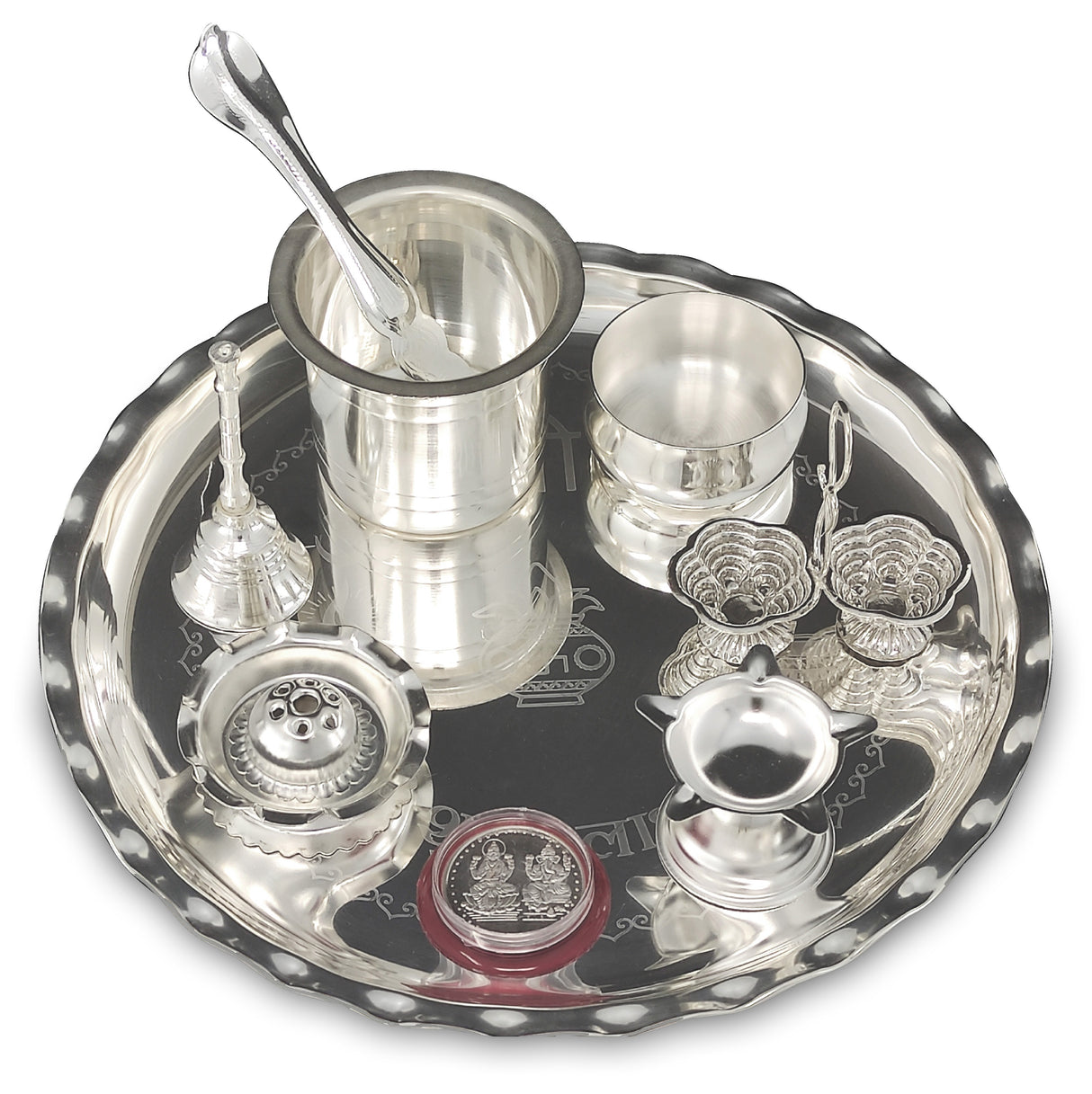 Bengalen Silver Plated Pooja Thali Set 9.5 Inch with Plate Diya Haldi Kumkum Stand Panchapatra Palli Bowl Dhup Dan Ghanti Puja Thali for Home Mandir Office Diwali Wedding Return Gift Items