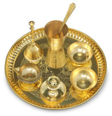 Brass Pooja thali Set 8 Inch with Pital Plate Glass Spoon Ghanti Bowl Agarbatti Stand Kuber Diya Puja Thali for Diwali Home Mandir Office Wedding Return Gift Items