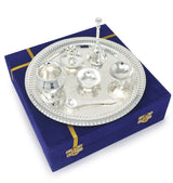 Pooja Thali Set Silver Plated with Blue Gift Box Designed 22 cm Puja Plate Kalash Bowl Ghanti Spoon Dhup Dan Diya for Home Office Diwali Wedding Return Gift Items